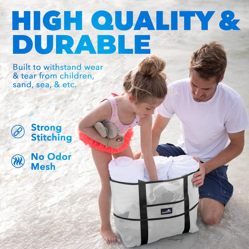 Dejaroo - Sand Free Mesh Bag - Strong Lightweight Tote For Beach & Vacation Essentials. Tons of Storage with 8 Pockets, Foldable, 17x9x15 inches, White with Black Straps - Image 5